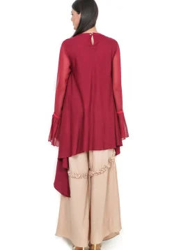 Embroidered Rayon Asymmetric Kurta in Wine