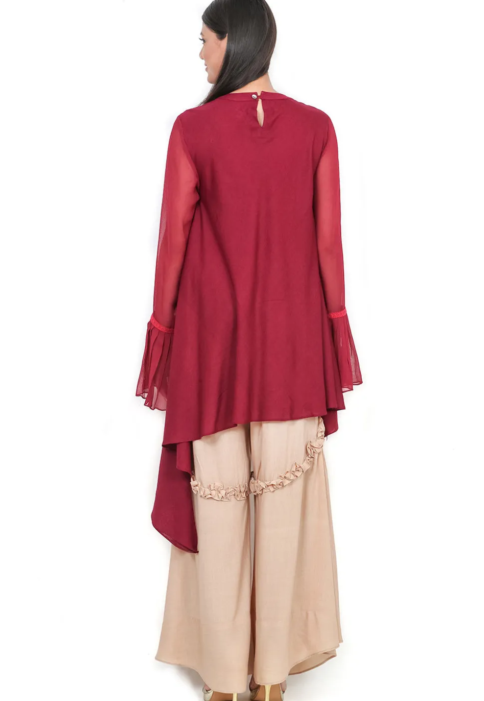 Embroidered Rayon Asymmetric Kurta in Wine