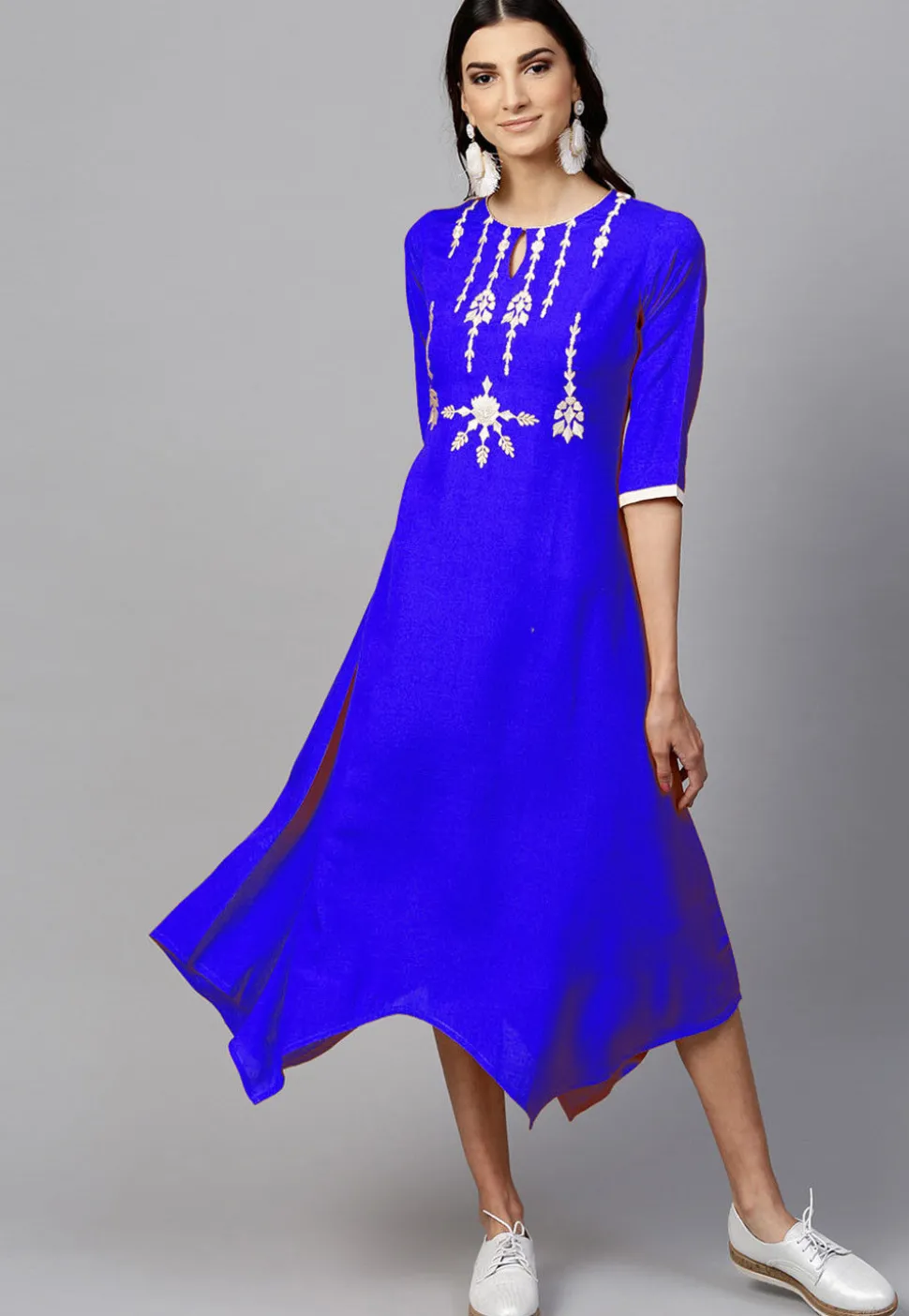 Embroidered Rayon Asymmetric Kurta in Royal Blue