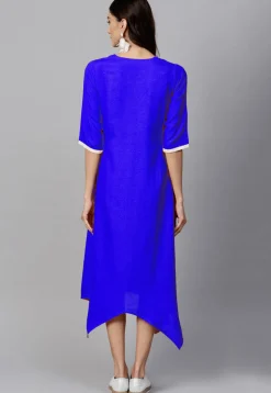 Embroidered Rayon Asymmetric Kurta in Royal Blue