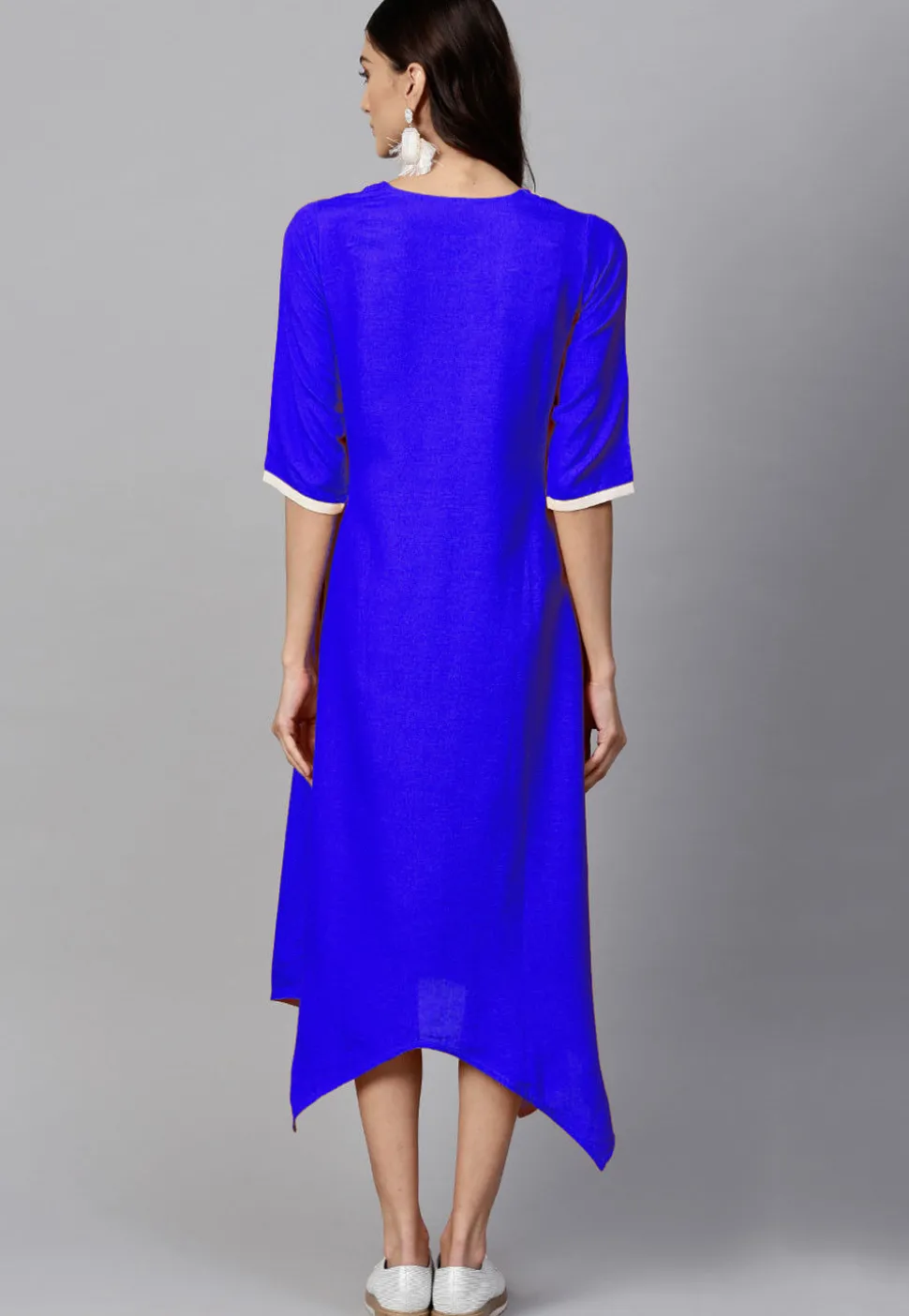 Embroidered Rayon Asymmetric Kurta in Royal Blue