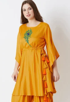 Embroidered Rayon Cinched Waist A Line Kurta in Mustard