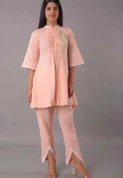 Embroidered Rayon Co Ord Set in Peach