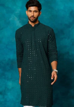 Embroidered Rayon Cotton Kurta in Dark Teal Green