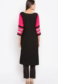 Embroidered Rayon Cotton Kurta in in Black and Fuchsia