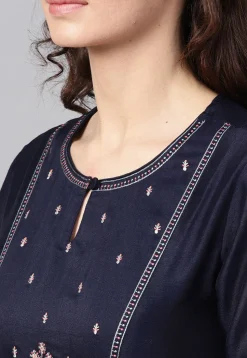 Embroidered Rayon Cotton A Line Kurta in Navy Blue