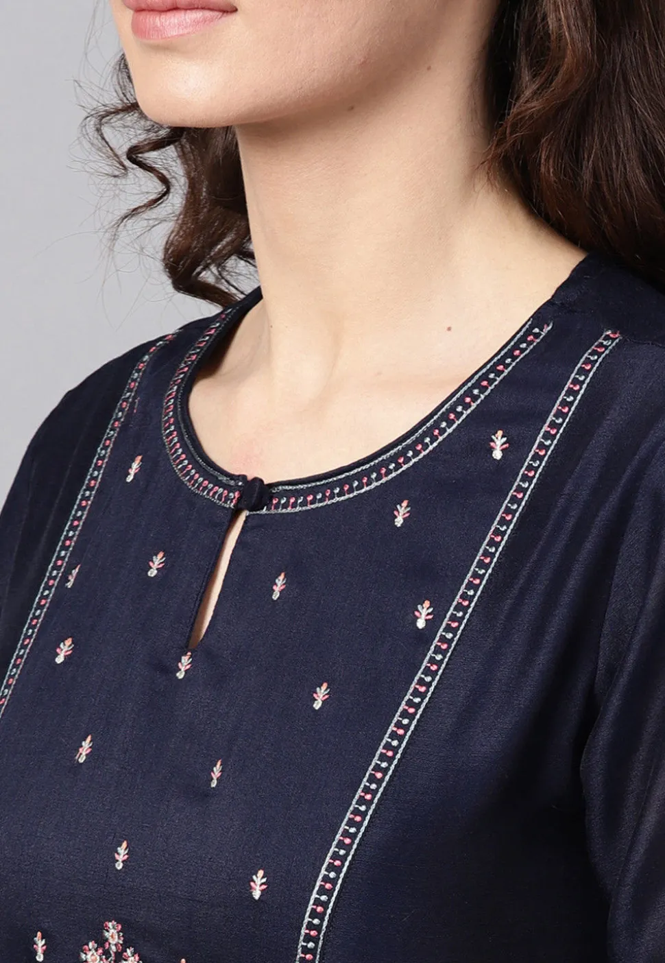 Embroidered Rayon Cotton A Line Kurta in Navy Blue