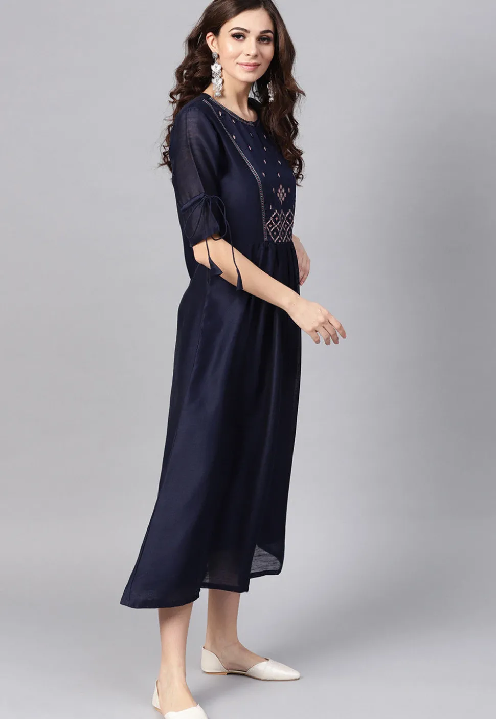 Embroidered Rayon Cotton A Line Kurta in Navy Blue
