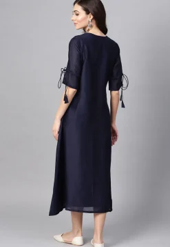 Embroidered Rayon Cotton A Line Kurta in Navy Blue