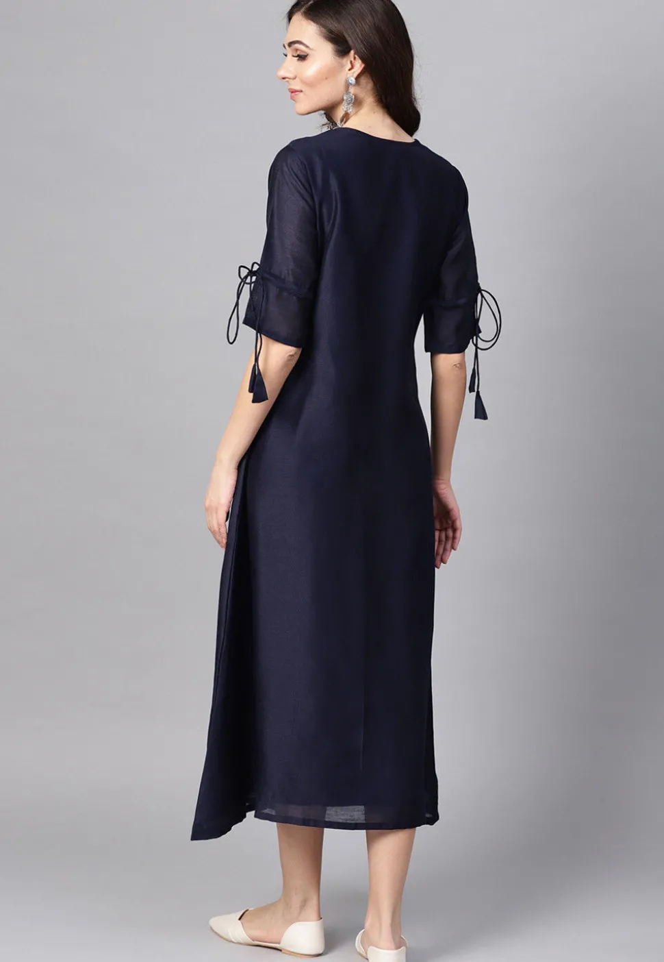 Embroidered Rayon Cotton A Line Kurta in Navy Blue