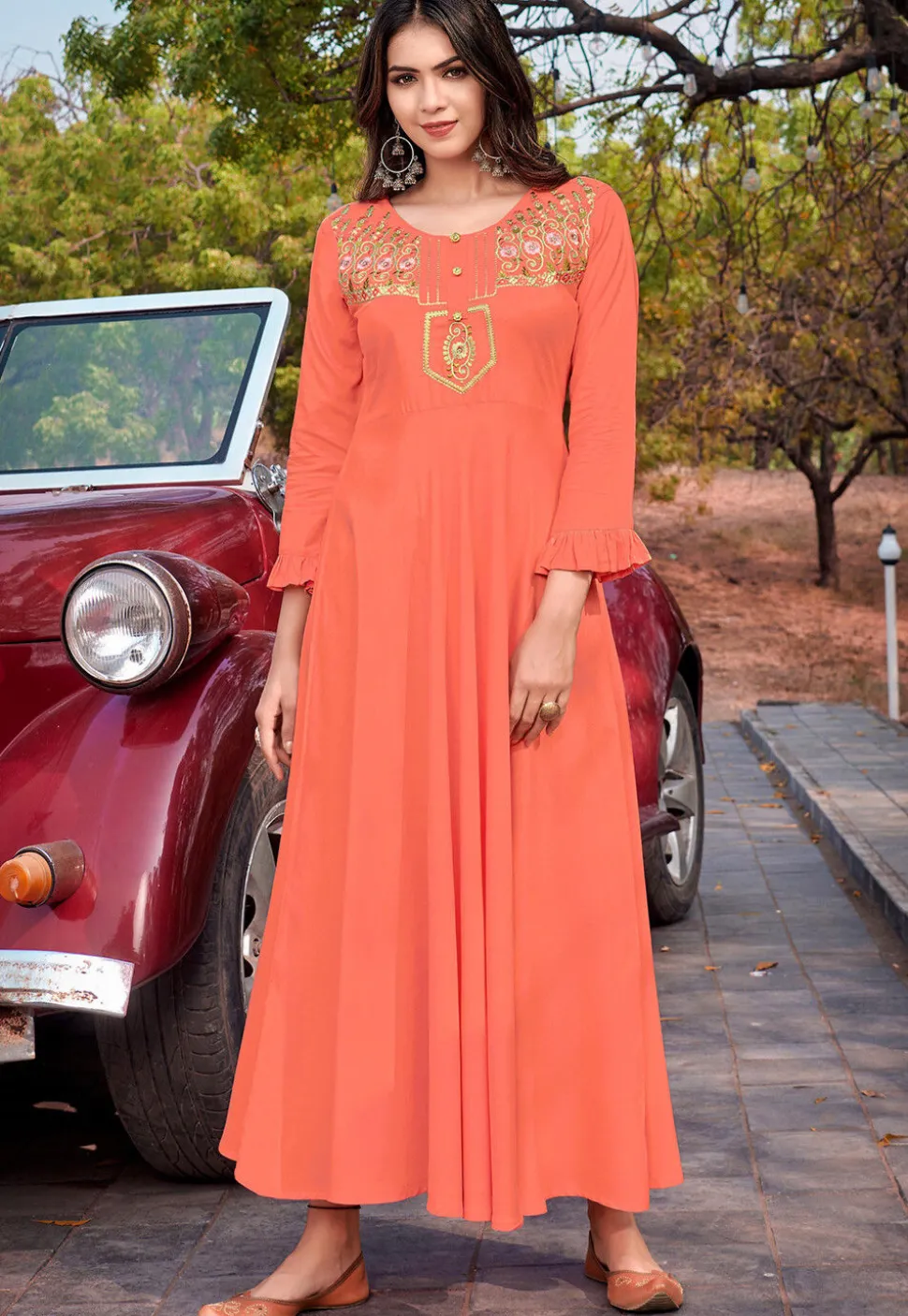 Embroidered Rayon Dress in Peach