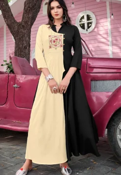Embroidered Rayon Dress in Cream and Black