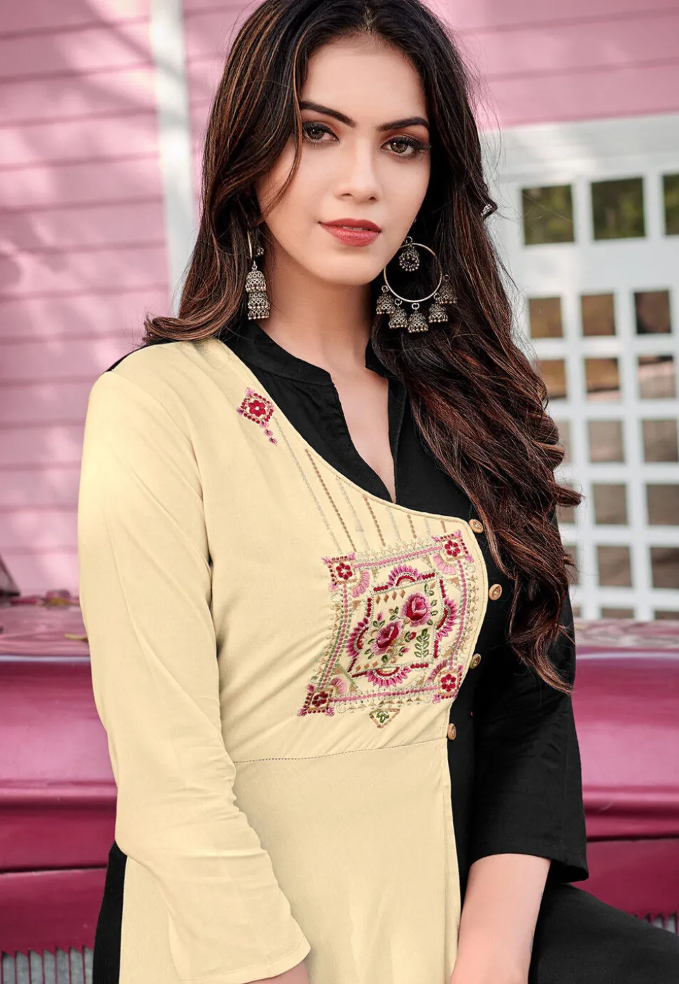 Embroidered Rayon Dress in Cream and Black
