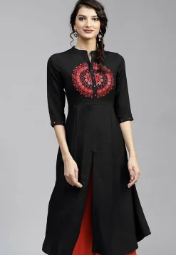 Embroidered Rayon Front Slit Kurta in Black