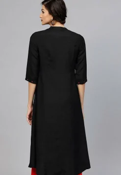 Embroidered Rayon Front Slit Kurta in Black