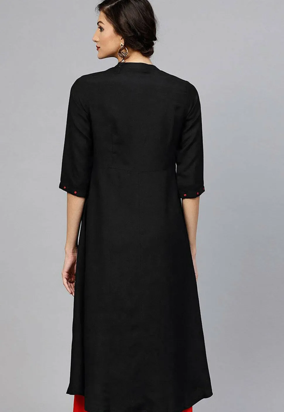 Embroidered Rayon Front Slit Kurta in Black