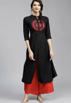 Embroidered Rayon Front Slit Kurta in Black