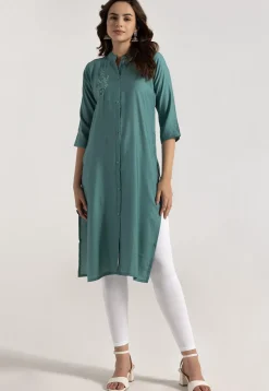 Embroidered Rayon Jacquard Straight Kurta in Green