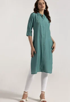 Embroidered Rayon Jacquard Straight Kurta in Green