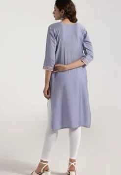 Embroidered Rayon Jacquard Straight Kurta in Light Purple
