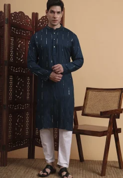 Embroidered Rayon Kurta in Navy Blue