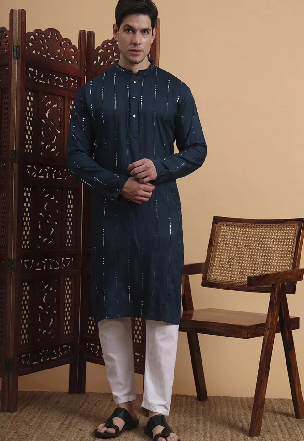 Embroidered Rayon Kurta in Navy Blue