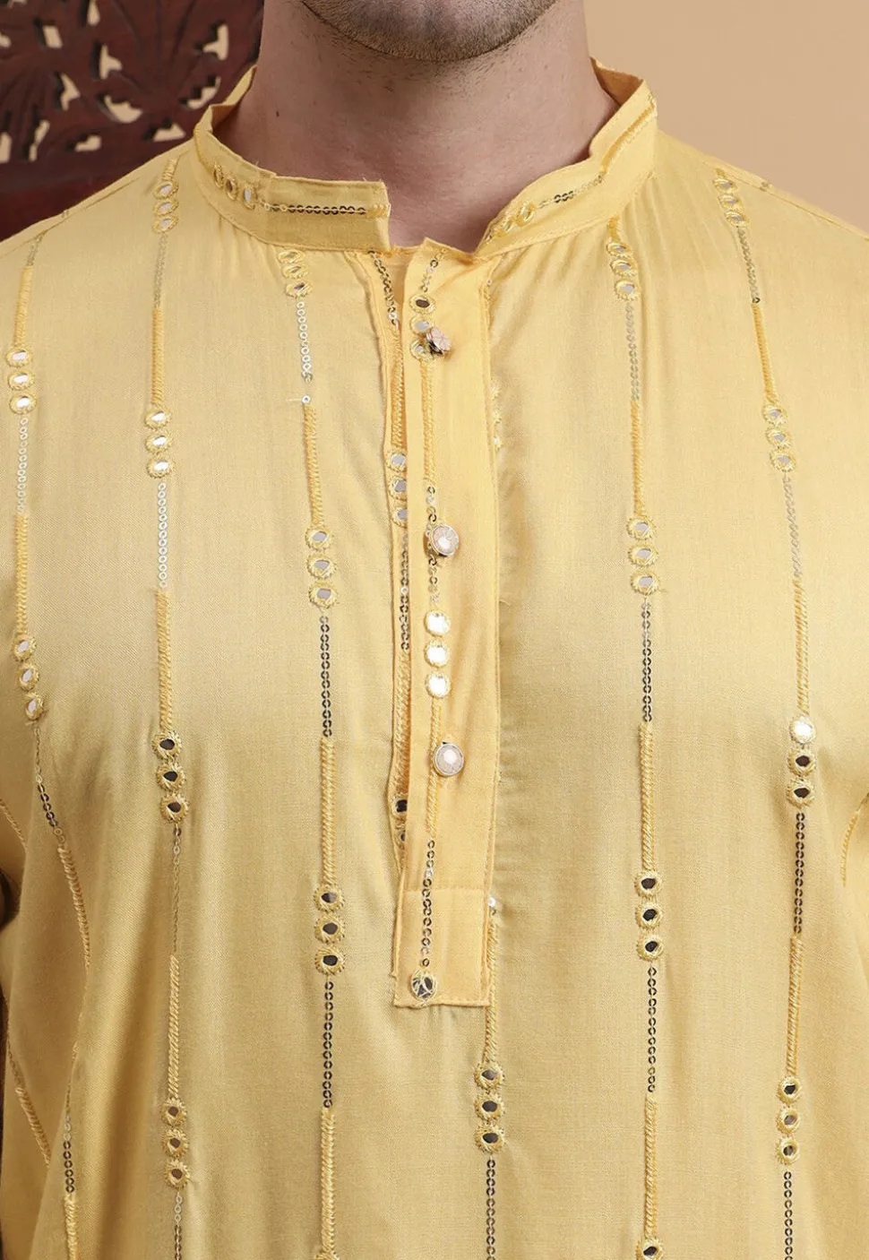 Embroidered Rayon Kurta in Yellow