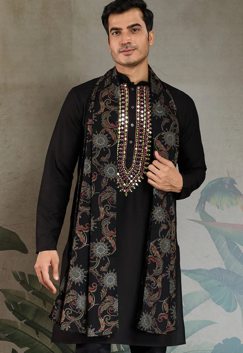 Embroidered Rayon Kurta in Black