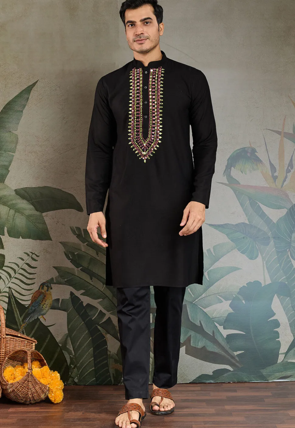 Embroidered Rayon Kurta in Black
