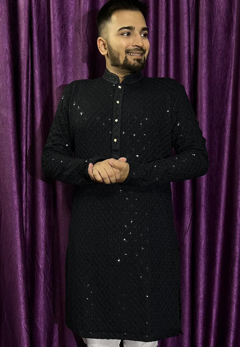 Embroidered Rayon Kurta in Black