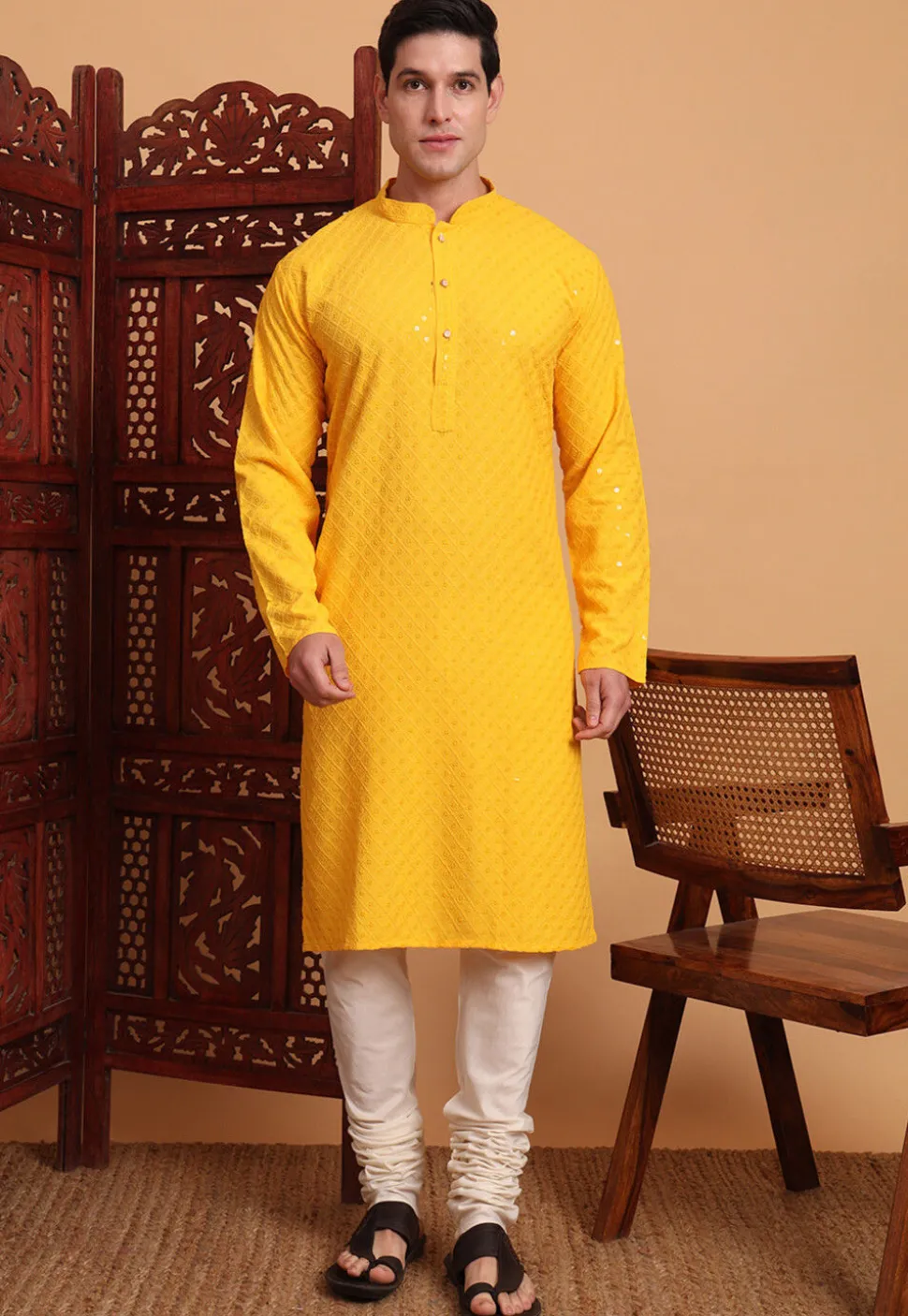 Embroidered Rayon Kurta Set in Mustard