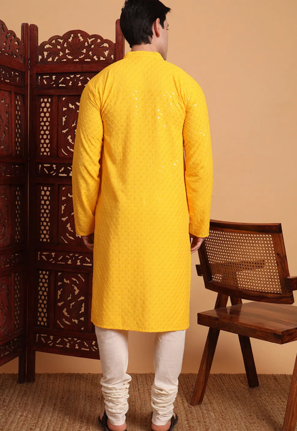 Embroidered Rayon Kurta Set in Mustard