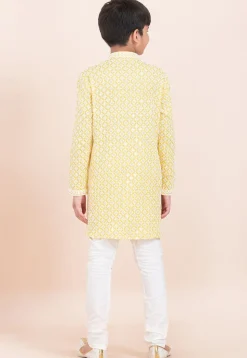 Embroidered Rayon Kurta Set in Yellow