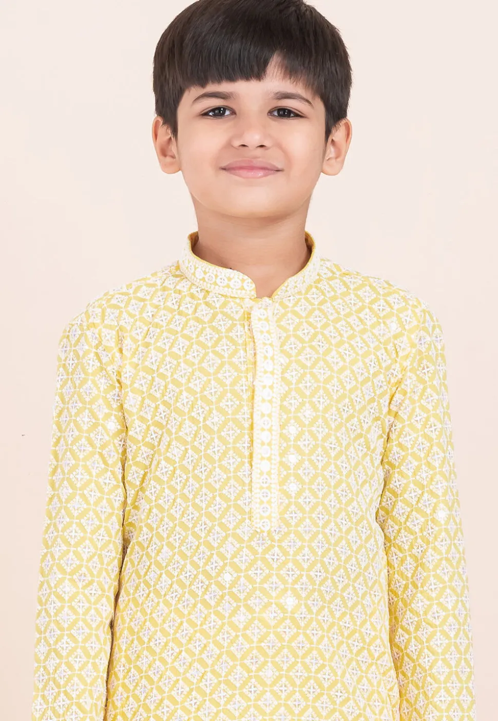 Embroidered Rayon Kurta Set in Yellow