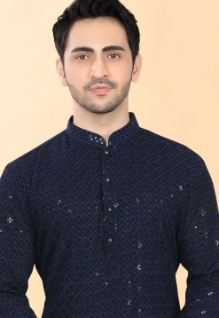 Embroidered Rayon Kurta Set in Navy Blue