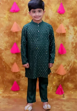 Embroidered Rayon Kurta Set in Dark Green