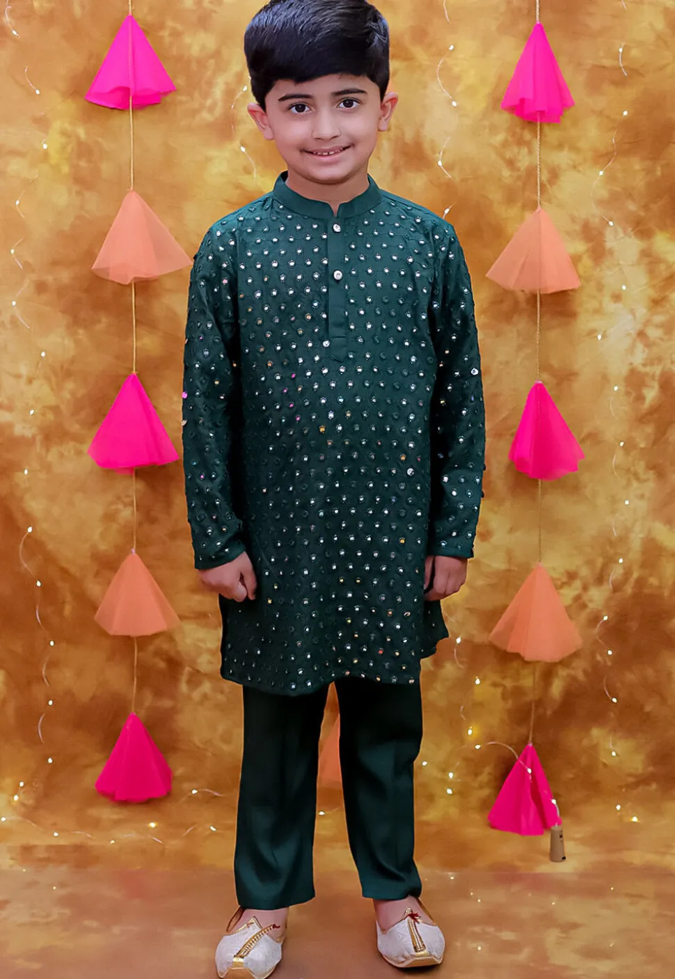 Embroidered Rayon Kurta Set in Dark Green