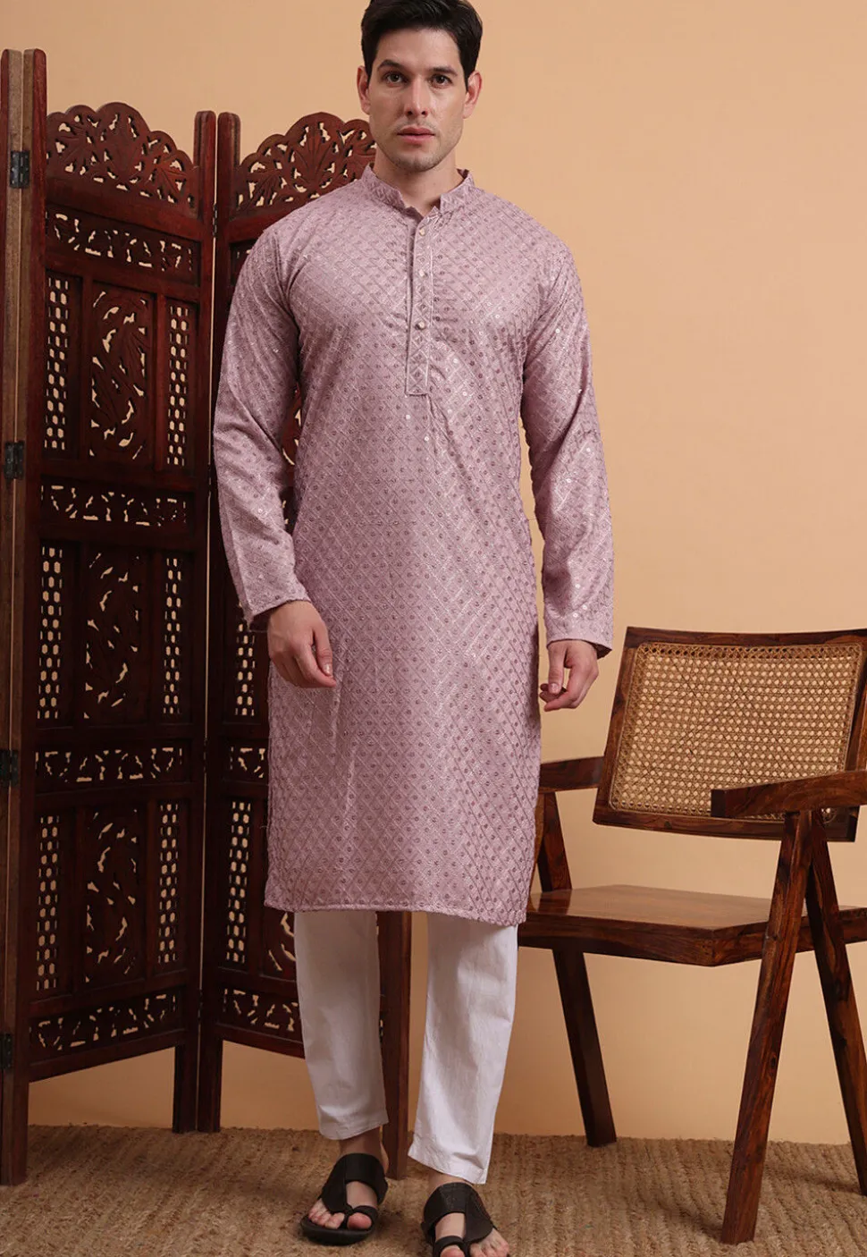 Embroidered Rayon Kurta Set in Light Purple