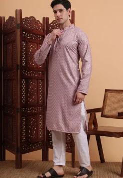 Embroidered Rayon Kurta Set in Light Purple
