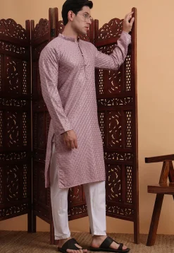 Embroidered Rayon Kurta Set in Light Purple
