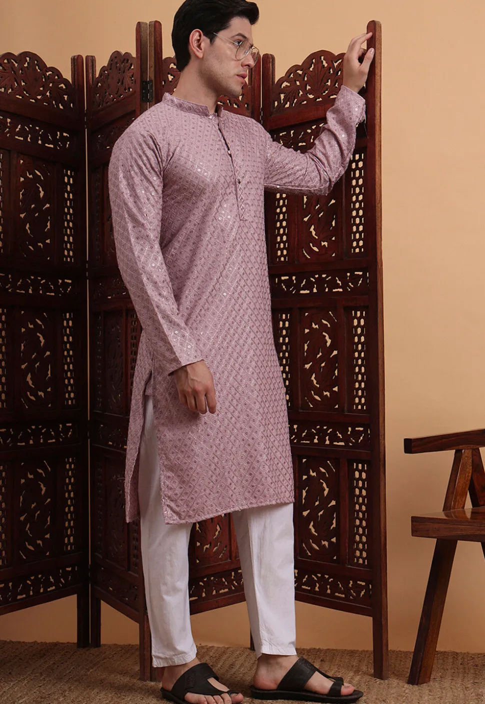 Embroidered Rayon Kurta Set in Light Purple
