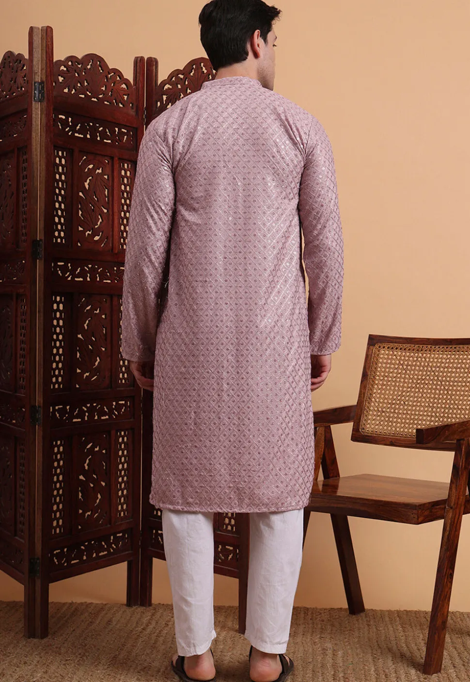 Embroidered Rayon Kurta Set in Light Purple
