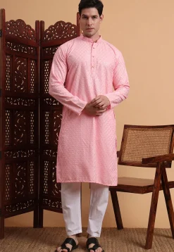 Embroidered Rayon Kurta Set in Pink