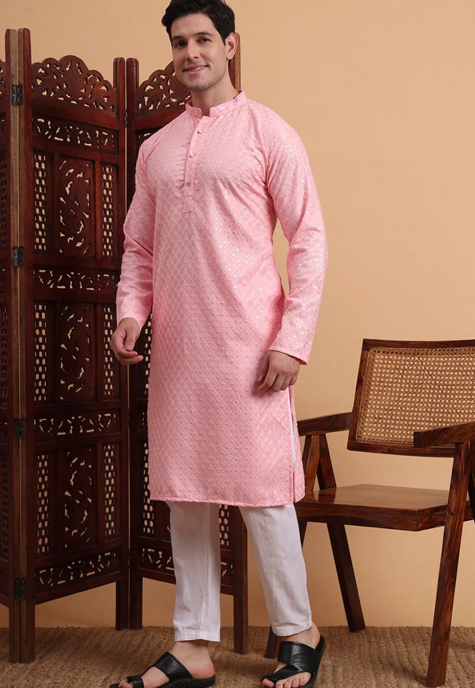 Embroidered Rayon Kurta Set in Pink