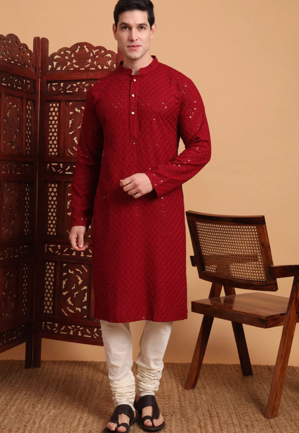 Embroidered Rayon Kurta Set in Maroon