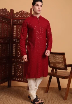 Embroidered Rayon Kurta Set in Maroon