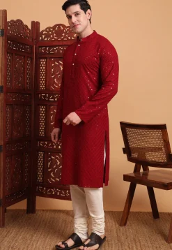 Embroidered Rayon Kurta Set in Maroon