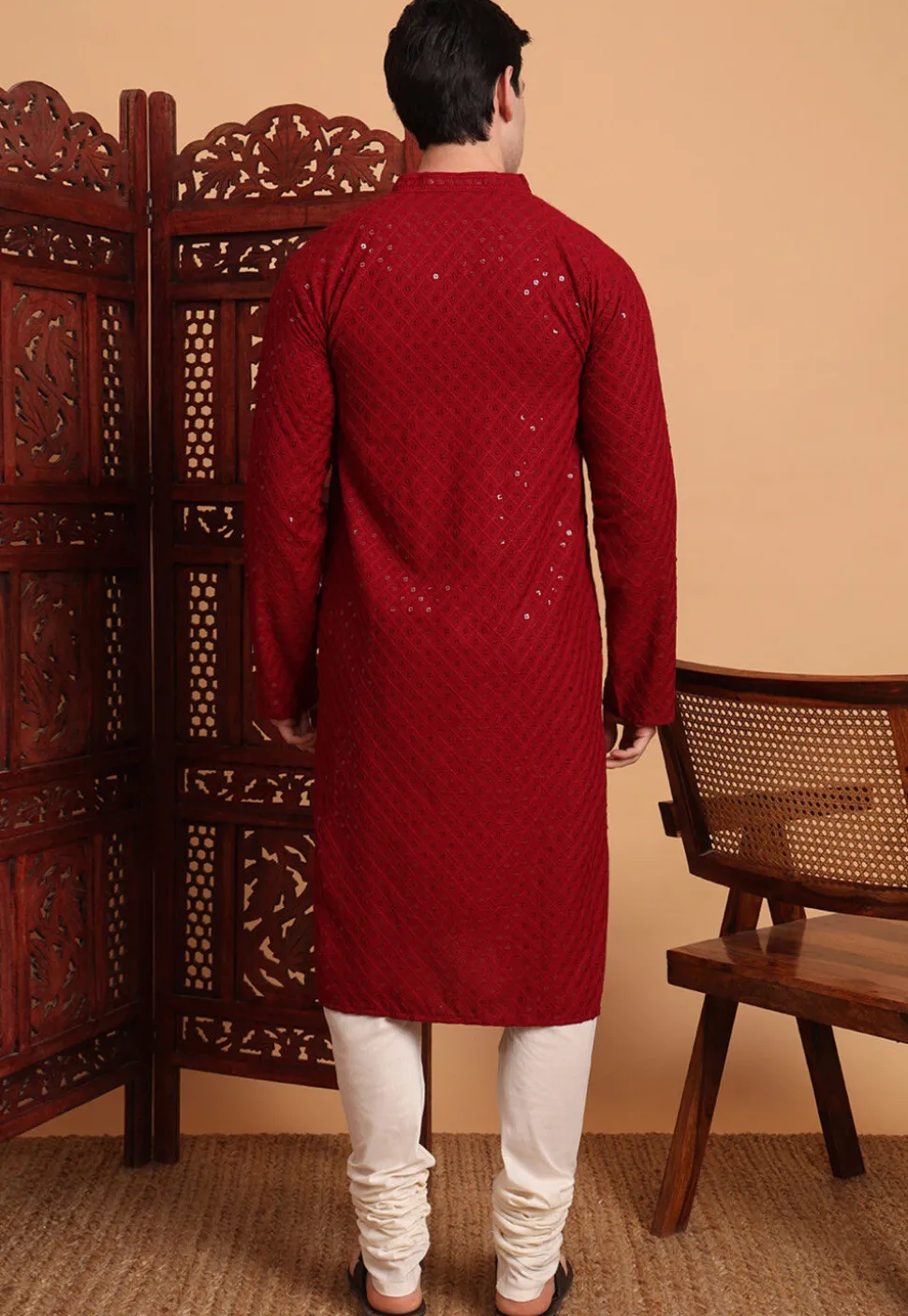 Embroidered Rayon Kurta Set in Maroon