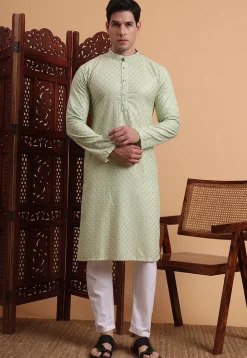 Embroidered Rayon Kurta Set in Light Green