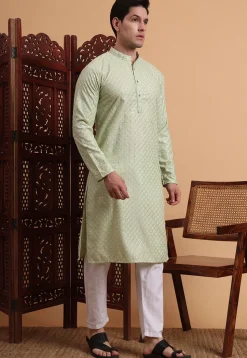 Embroidered Rayon Kurta Set in Light Green